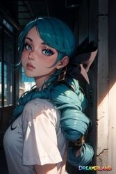 ai_generated anime anime_style arms_behind_back blue_eyes blue_hair breasts cute day daylight daytime female female_focus female_only from_side gwen_(league_of_legends) hair_ribbon hands_behind_back league_of_legends light light-skinned_female light_blue_hair light_skin lighting lips lipstick long_hair looking_at_viewer medium_breasts realistic riot_games seducing seduction seductive seductive_eyes seductive_gaze seductive_look seductive_mouth seductive_pose shiny shiny_clothes shiny_hair shiny_skin shirt shy sidelocks simple_background sky4maleja teeth upper_body watermark younger_female
