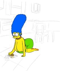 1girls bent_over blue_hair cleaning eating female garbledina gigantic_breasts green_clothing green_dress marge_simpson orange_shoes pearl_necklace solo tagme the_simpsons