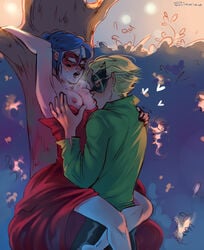 1boy 1girls adrien_agreste against_tree alternate_costume breast_sucking cat_noir dress exposed_breasts foreplay ladybug_(character) marinette_cheng marinette_dupain-cheng mask miraculous_ladybug outdoors public sinnian straight tagme