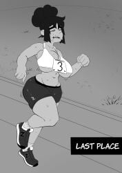 1girls big_breasts breasts dand_u female mene_(dand_u) running shorts text text_box