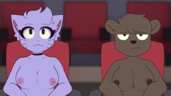 2girls :3 anthro bear breasts casual_nudity cat feline fur katzun movie_theater multiple_girls naked nude sitting unknown_artist ursid