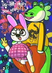 alligator alligatorid ambiguous_penetration animal_crossing anthro ass bent_over big_breasts big_butt breasts clothed clothed_sex clothing crocodilian doggy_style drago_(animal_crossing) duo erect_nipples female from_behind_position gabi_(animal_crossing) gesture hand_gesture heart_eyes heart_symbol hi_res klutzatdusk lagomorph leporid looking_pleasured male male/female mammal nintendo nipple_outline nipples penetration rabbit reptile scalie sex slightly_chubby slightly_chubby_female slightly_chubby_male stomach_bulge v_sign