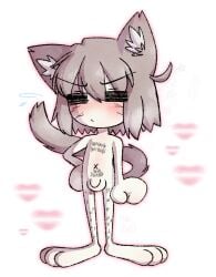 belly_button blush body_hair cat_humanoid catboy chibi closed_eyes closed_mouth cute_male digital_drawing_(artwork) digital_media_(artwork) embarrassed embarrassed_nude_male gray_hair inner_ear_fluff male male_only naked naked_male neco-arc_chaos nekomimi posted_by_artist powpink09 scar_on_face skinny toony