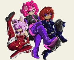 amy_rose anthro boots breasts brown_hair catsuit clothed color female female_only furry furry_only group large_breasts latex latex_suit lien-da medium_breasts patent_boot pink_hair pistolstar png rubber rubber_suit short_hair simple_background sonic_(series) sonic_the_hedgehog uncensored