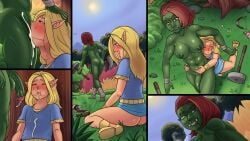 1boy 1futa 4_panel_comic back_against_tree balls big_dick blonde_hair blonde_hair_male blowjob blush breasts cock cumming_in_mouth deepthroat elf elf_ears elf_femboy elf_male face_fucking fantasy fellatio femboy feminine_male foreskin forest fully_nude futa_on_male futanari girly grabbing grabbing_from_behind green_skin hand_over_mouth holding_head intersex light-skinned_femboy light-skinned_male light_skin long_hair looking_down looking_up male muscular muscular_futanari nature nature_background nipples nobody_in_particular orc orc_futanari orc_on_elf outdoors outside patting_head penis pressing_against purple_eyes red_eyes red_hair scar_across_eye scar_on_chest scars skirt sucking_penis swallowing_cum sweating sweaty throat_bulge