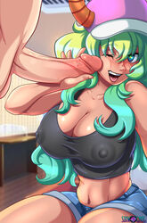 1boy 1girls absurd_res big_breasts big_penis breasts cleavage clothing disembodied_penis dragon dragon_girl dragon_humanoid duo female hair highres horn huge_breasts large_breasts long_hair male miss_kobayashi's_dragon_maid nipple_bulge penis penis_grab quetzalcoatl_(dragon_maid) shirt sirwogdog straight watermark