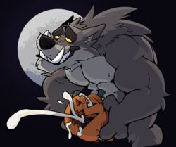 2018 absurd_res anthro anthro_only barely_visible_genitalia barely_visible_penis biped black_nose canid canine canis claws cum cumshot ejaculation eyebrows food food_penetration fruit fucking_pumpkin full_moon fur furry grey_fur halloween haps hi_res holding_object holidays looking_up male male_only mammal moon muscular muscular_male night no_humans nude orgasm outside pecs penetration penis plant pumpkin simple_background smile solo standing teeth three-quarter_view were werecanid werecanine werewolf white_fur wolf