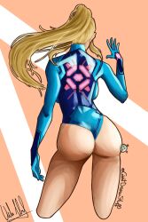 artist_name ass back blonde_hair blue_leotard bodysuit breasts cantdrawstuff clothing cropped_legs facing_away female female female_only from_behind large_breasts leotard long_hair looking_back metroid ponytail samus_aran signature skin_tight solo thighs tied_hair zero_suit