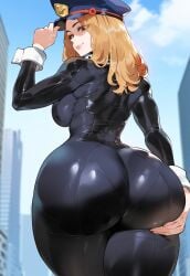 ai_generated ass ass_focus black_bodysuit blonde_hair bodysuit brown_eyes camie_utsushimi cleavage creamy_ai curvy dark-skinned_male dat_ass fat_ass from_behind huge_ass large_breasts my_hero_academia thiccwithaq_(ai_style) thick_thighs wide_hips