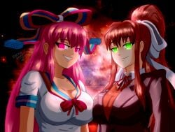 2girls brown_hair crossover doki_doki_literature_club evil_eyes evil_smile female_only giffany gravity_falls green_eyes large_breasts long_hair looking_at_viewer monika_(doki_doki_literature_club) pink_eyes pink_hair ponytail pressing_breasts_together ribbon school_uniform schoolgirl shekosensei trait_connection upper_body white_hair_ribbon yandere