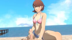 1boy 1girls animated beach bikini_top blush brown_hair clothed_female_nude_male daisy_dukes front-tie_bikini handjob jiggling_breasts lazyprocrastinator makoto_yuki outdoors penis persona persona_3 short_hair shorter_than_30_seconds sound swimsuit tagme thighs video yukari_takeba