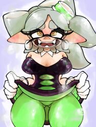 breasts clothes_lift dress_lift gluten000000 looking_at_viewer marie_(splatoon) smile splatoon splatoon_(series) steam steaming_body