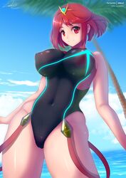 1girls big_breasts breasts clothed female female_only one-piece_swimsuit pyra red_hair skin_tight swimsuit text thick_thighs url watermark xenoblade_(series) xenoblade_chronicles_2 zelc-face