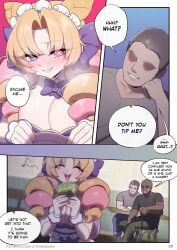 1girls 2boys big_breasts blonde_hair blue_eyes blue_hair blush cafe_cutie_gwen cafe_cuties_series cleavage comic comic_page dark-skinned_male drill_hair english_text fanservice fingering grabbing grabbing_from_behind green_hair gwen_(league_of_legends) happy heat large_breasts league_of_legends maid maid_outfit maid_uniform money page_9 page_number pale-skinned_female pale_skin pink_hair ribbon_in_hair riot_games singing strongbana surprised text tight_clothing uniform watermark