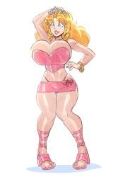 absurdres bimbofication blonde_hair breast_expansion breasts breasts_bigger_than_head brellom cleavage female female_only femsub fully_clothed happy_trance large_breasts large_lips miniskirt original princess_caelia_(kachopper9) revealing_clothes skimpy_clothes skirt