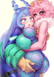 2girls ashido_mina ass big_ass big_breasts blush bodysuit breasts cleavage duo erect_nipples female female_only female_superhero groping hadou_nejire hadou_nejire_(hero_outfit) hero_outfit_(mha) large_breasts mina_ashido my_hero_academia nejire_hado nejire_hado_(hero_outfit) open_mouth pink_hair pink_skin shpo superheroine teenager yuri