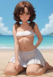 1girls ai_generated ariela_stone bare_legs bare_shoulders barefoot beach brown_hair civitai cleavage green_eyes kneeling low_twintails medium_hair midriff ocean outdoors skirt small_breasts teen teenage_girl teenager twintails underboob