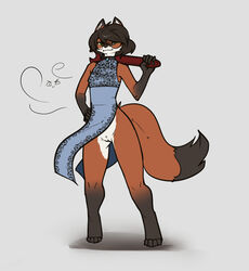 :3 bottomless brown_fur brown_hair canid canine clothed clothing dress eyewear female feretta fox fur furry furry_only glasses green_eyes hair hi_res mammal mirial_mon_siviel orange_fur pussy simple_background standing tail tools white_fur wrench