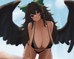 :o alternate_costume beach bikini black_bikini black_hair black_wings blush breasts bright_pupils cleavage collarbone color crow_girl crow_wings feathered_wings female hair_flaps head_tilt highres huge_breasts light-skinned_female light_skin long_hair looking_at_viewer moriforest1040 outdoors pale-skinned_female pale_skin reiuji_utsuho sketch solo stomach string_bikini swimsuit touhou utsuho_reiuji very_long_hair white_pupils wings youkai