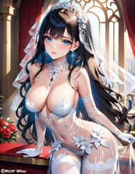 1girls ai_generated black_hair blue_eyes breasts cleavage earrings facing_viewer fapceo35 light-skinned_female light_skin looking_at_viewer medium_breasts solo stable_diffusion standing tagme wedding_dress wedding_lingerie wedding_veil