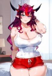 1girls ai_generated blue_eyes cleavage creamy_ai curvy dolphin_shorts heterochromia hololive hololive_english horn irys irys_(hololive) large_breasts pink_eyes red_hair red_shorts short_shorts solo tank_top thiccwithaq_(ai_style) thick_thighs virtual_youtuber wide_hips