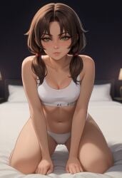 1girls ai_generated ariela_stone bare_legs bed bedroom brown_hair cameltoe cleavage freckles green_eyes hands_between_legs kneeling kneeling_on_bed leaning_forward looking_at_viewer low_twintails midriff panties small_breasts sports_bra teen teenage_girl teenager twintails