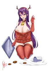 5_fingers bell bell_collar big_breasts breasts carmach101 cleavage collar collar_bell cookie cookies cow_bell cow_bell_collar doki_doki_literature_club female_pubic_hair headband long_hair milk pubic_hair purple_eyes purple_hair purple_pubic_hair spilled_drink spilled_milk spilt_drink yuri_(doki_doki_literature_club)