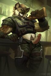 5_fingers alcohol anthro beverage bodily_fluids bottle bottomwear bulletproof_vest clothed clothing container digital_media_(artwork) erection fingers fur genital_fluids genitals gun hair hi_res holding_gun holding_object holding_ranged_weapon holding_rifle holding_weapon humanoid_genitalia humanoid_penis hyena leaking_precum looking_at_viewer lynncore male mammal military_uniform pants penis precum precum_string ranged_weapon rifle shirt smile solo spotted_hyena standing tail teeth topwear unbuttoned_pants uniform vein veiny_penis weapon zipper zipper_down