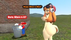 3d 3d_(artwork) ass ass_focus between_buttocks big_ass big_butt breasts curious dialogue garry's_mod gmod huge_ass kaibernation mario mario_(series) meggy_spletzer naked_female nipples searching smg4 spaghetti text trash_can