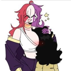 <3 2d 2d_(artwork) 2girls artist_name asphyxiation big_breasts black_hair blush closed_eyes clothing collaboration collaboration_works countryhumans countryhumans_girl countryhumans_oc el_chico_con_el_demonio face_in_breasts face_on_breast female female_only fevie_(markai_cat) hands_on_another's_head happy long_hair mari_sumi markai_cat megumi_minerva megumi_minerva_(stickman) multicolored_hair necklace simple simple_background simple_coloring simple_shading sportswear star suffocation sweater two_tone_hair watermark wavy_hair white_background white_body white_skin yuri