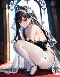 1girls ai_generated black_hair blue_eyes breasts cleavage earrings fapceo35 light-skinned_female light_skin looking_at_viewer medium_breasts solo squatting stable_diffusion tagme wedding_dress wedding_lingerie wedding_veil