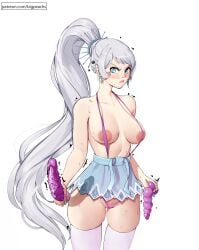 1girls angry angry_expression angry_face areolae big_areola big_breasts big_nipples bigpeachs puririn_(puririiin) rwby slutty_outfit textless_version thick_thighs weiss_schnee white_hair