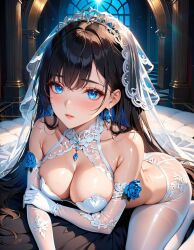 1girls ai_generated black_hair blue_eyes breasts cleavage earrings fapceo35 light-skinned_female light_skin looking_at_viewer medium_breasts solo stable_diffusion wedding_dress wedding_lingerie wedding_veil