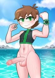 1boy alternate_version_available balls ben_10 ben_tennyson brown_hair casual clothing femboy green_eyes huge_cock human lezaki-thefatlizard looking_at_viewer male omnitrix outdoors pale_skin penis solo swimsuit tagme uncut wet_body wristwear