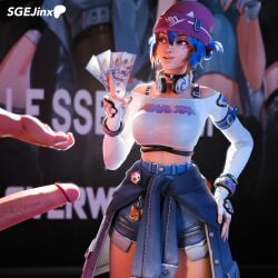 3d 3d_(artwork) antifragile_kira-kira asian_female big_penis blender blender_cycles blue_hair blurred_background bracelet bracelets brown_eyes choker clothed clothed_female condom dollar_bills hat headphones headphones_around_neck highres jeans jeans_shorts keyring kiriko_(overwatch) kiriko_kamori kunai le_sserafim light-skinned_female light-skinned_male light_skin looking_at_partner money multicolored_hair overwatch overwatch_2 paid_reward paid_reward_available paid_sex patreon_logo patreon_username penis ripped_pants sgejinx_(artist) shirt short_hair shorts shoulder_pads straps tagme tied_jacket twitter_username white_male