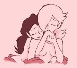 2girls blonde_hair brandon_santiago_(artist) brandospice brown_hair closed_eyes couple cute eyes_closed female head_on_shoulder holding_hands hug_from_behind human human_only long_hair mario_(series) nail_polish nude pauline princess_rosalina snuggle snuggling topless topless_female wholesome yuri