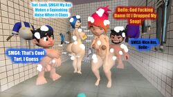 2boys ass_clapping barefoot belle_fontiere boner breasts completely_nude completely_nude_female dialogue dropped_soap female full_body garry's_mod gmod kaibernation male naked naked_female nipples nude nude_female shower_(place) showering_together smg3 smg4 smg4_(character) tari_(smg4) twerking