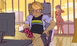 1boy 1girls adrien_agreste artificial_vagina blush bottomless clothed clothed_masturbation clothing duel_masturbation fleshlight kenno_arkkan ladybug_(character) male_focus marinette_cheng marinette_dupain-cheng masturbation masturbation_through_clothing miraculous_ladybug partially_clothed sex_toy straight sweat voyeur voyeurism watching watching_porn