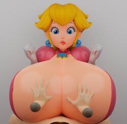 1girls alternate_version_available boobs breasts clothed female hands_on_breasts huge_breasts hyper_boobs hyper_breasts inner_sideboob jinouga97 looking_down looking_down_at_breasts mario_(series) no_bra paizuri pov princess_peach princess_peach:_showtime! teasing