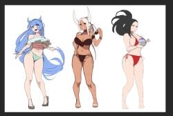 3girls animal_ears bikini black_eyes black_hair blue_eyes blue_hair breasts bunny_ears cleavage dark_skin female_only high_ponytail ko_koyap large_breasts long_hair looking_at_viewer miruko momo_yaoyorozu my_hero_academia nejire_hado red_eyes rumi_usagiyama shaved_ice sketch smile sunglasses sunglasses_removed swimsuit tan_skin underboob white_hair wide_hips