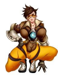 abs absurdres bimbofication breasts brown_hair cameltoe female_only femsub goggles happy_trance huge_breasts mamimi_(artist) overwatch overwatch_2 pre-transformation short_hair solo spread_legs squatting tech_control tracer transformation