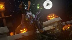 1girls 3d_(artwork) blizzard_entertainment draenei full_moon fully_clothed halloween hooves horns keshina large_breasts long_hair looking_at_viewer morilymory night night_sky oc original_character outdoors purple_skin tail warcraft witch_costume witch_hat world_of_warcraft