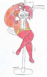 anthro big_breasts big_hips blue_eyes earrings fox_girl fox_humanoid furry ginger_hair high_heel_boots lipstick long_gloves long_hair looking_at_viewer marlon64 naked_boots naked_female naked_gloves naked_jewelry nipple_piercing orange_fur pole_dancing red_hair traditional_drawing_(artwork) vix_feucer_(waifuland) waifuland white_background white_fur