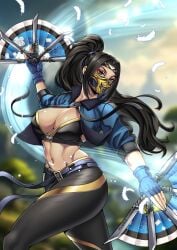 1girls big_breasts black_hair blue_clothing breasts brown_eyes earthrealm_kitana edenian female female_only fully_clothed gold_(metal) gold_jewelry jewelry kitana kitana_(new_era) long_hair mask masked masked_female mortal_kombat mortal_kombat_1_(2023) solo solo_female thick_thighs thotlerrr treartz