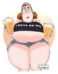 beer beer_mug blushing creature_from_the_lake earrings freckles green_eyes huge_ass huge_breasts jean_shorts looking_at_viewer red_hair roumgu shelby_(creature_from_the_lake) sweating tagme thick_thighs