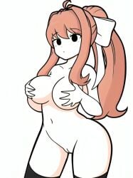 ai_generated bangs big_breasts black_eyes black_thighhighs bow_in_hair coral_brown_hair covering_nipples curvy curvy_figure doki_doki_literature_club doki_doki_takeover female friday_night_funkin friday_night_funkin_mod grabbing_own_breast hands_on_breasts looking_at_viewer monika_(doki_doki_literature_club) naked nude pale_skin pixai ponytail sidelocks solo thick_thighs thighhighs white_bow