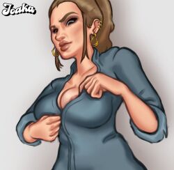 1girls 2d 2d_(artwork) areolae big_breasts breast_peek breasts brown_hair clothed clothing digital_drawing_(artwork) digital_media_(artwork) earrings female female_focus female_only joakadraws light-skinned_female light_skin long_hair milf pose posing presenting presenting_breasts showing_off simple_background solo solo_focus summertime_saga svetlana_(summertime_saga) tease teasing unzipped unzipping watermark