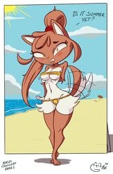 ? anthro baozi_(diives) beach biting_tongue blush breasts brown_fur cameltoe canid canine clothing day diives english_text female fur hi_res looking_at_viewer mammal navel nipple_bulge outdoors panties panty_pull partially_visible_vulva poethewondercat pokies ponytail sand seaside solo tailwag text umbrella underwear water white_fur xingzuo_temple yellow_eyes