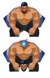 1boy abs absurdres bamashengze bara black_hair blue_fire blush cum cum_in_mouth dark-skinned_male dark_skin disembodied_head fire forked_eyebrows highres large_pectorals looking_at_viewer male_focus mature_male muscular muscular_male nipples pants pectorals pyrokinesis sandayu_(housamo) scar scar_on_cheek scar_on_face sequential sitting strongman_waist thick_eyebrows tokyo_afterschool_summoners tongue tongue_out topless_male