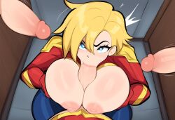 1boy1girl 3boys :>= ai_generated angry big_breasts blowjob captain_marvel carol_danvers deepthroat fellatio female from_above gangbang huge_breasts marvel marvel_comics mullon novelai oral straight superheroine